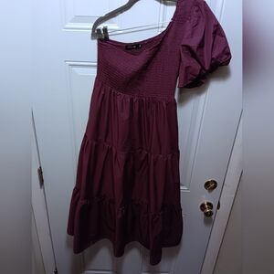 Lillusory| Puff Sleeve One Shoulder Smocked Bodice Tiered Midi Dress Purple Sz M
